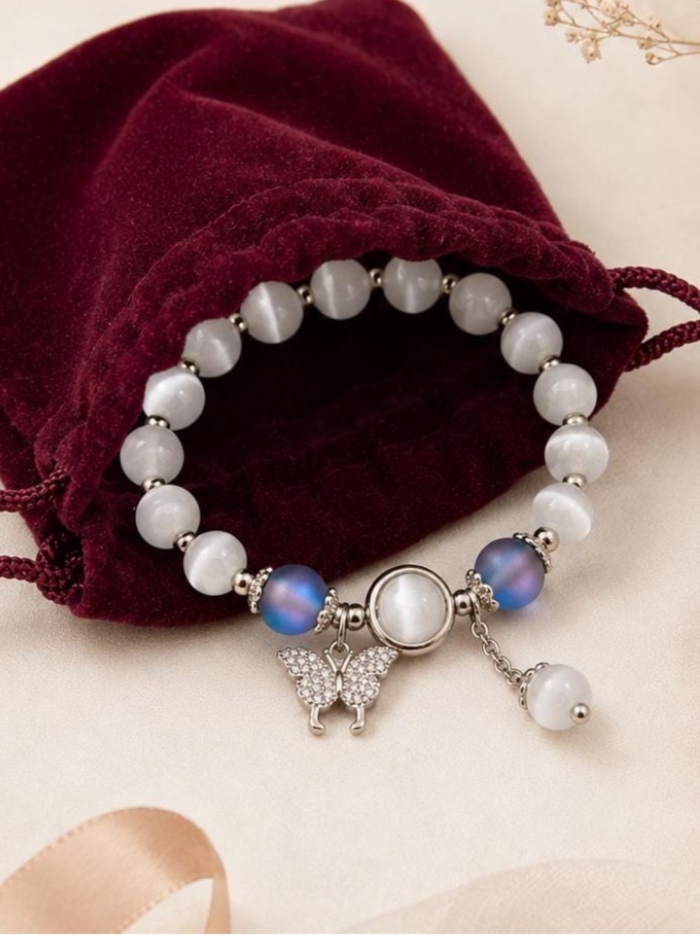 🆕New Butterfly Cat's Eye Stone Beaded Bracelet With Rhinestone -Adjustable & Han